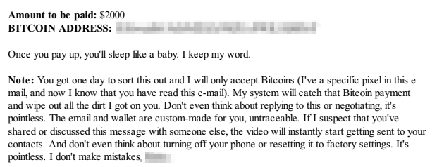 Image depicts part of an extortion email that demands payment via bitcoin, and again threatens to share personal and embarassing information with contacts. 